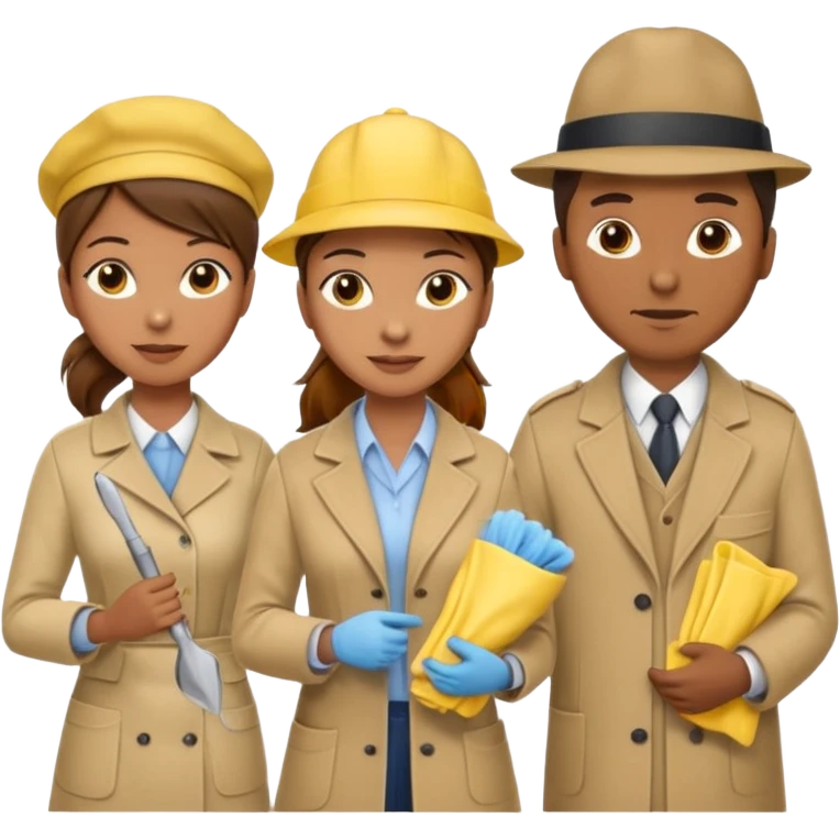 A cleaning Lady with Brown hair, high ponytail and yellow cleaning gloths is Talking to a Detektive (a man) with beige had, a beige coap and he is interviewing the cleaning Lady emoji
