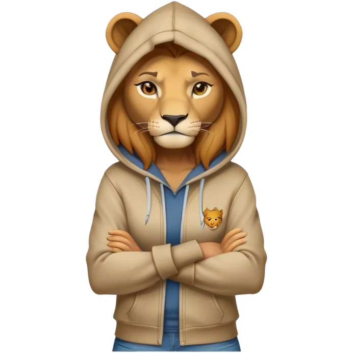 determined anthropomorphised female lion in a hoodie and jeans with arms folded, energetic pose emoji