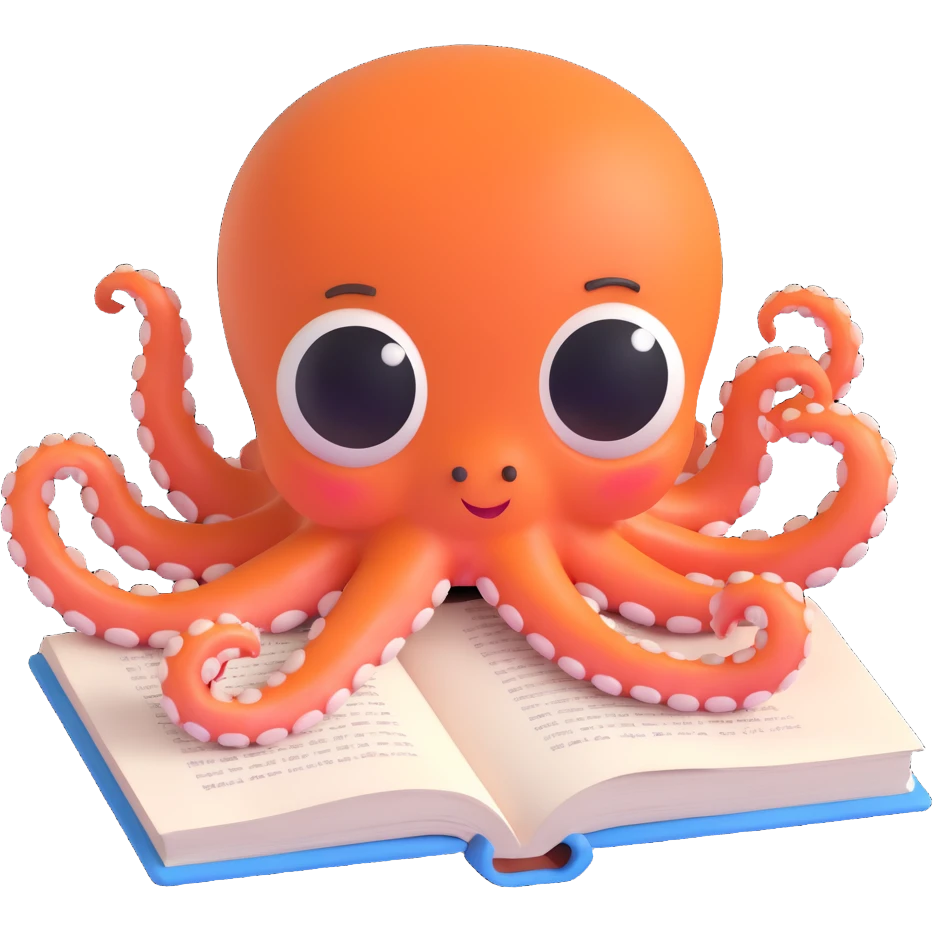 female octopus studying, 3D cartoon style emoji