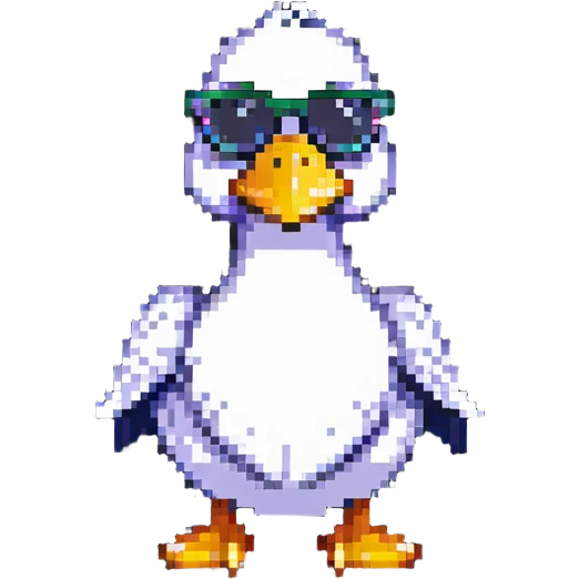 pixel art style duck inspired by the DuckDice logo, wearing sunglasses, playful pose emoji