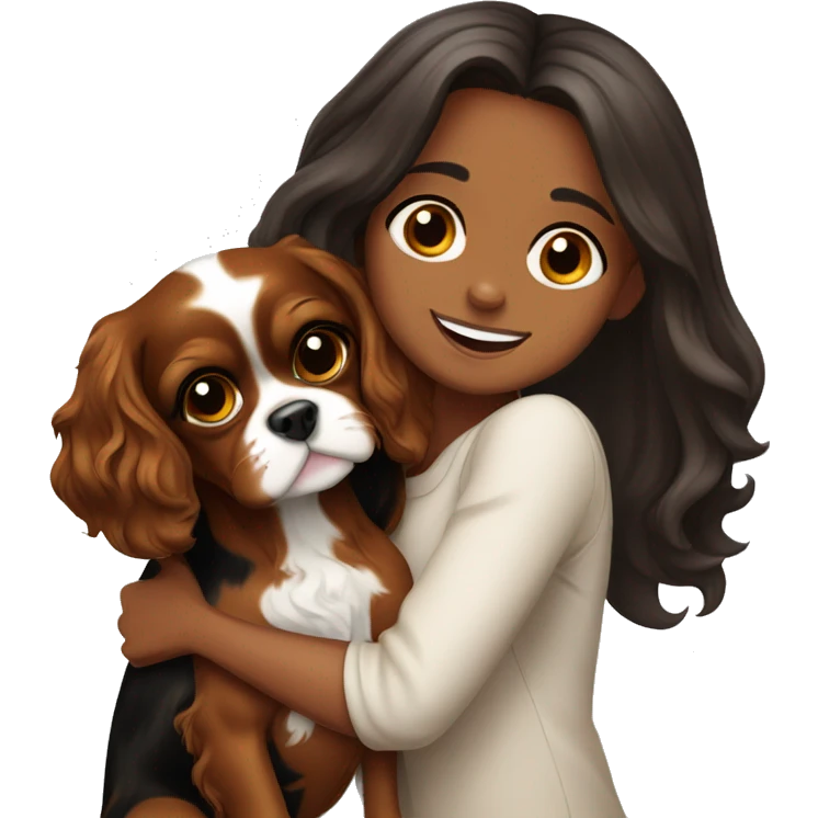 cute girl hugging two black and brown cavalier king charles spaniel  emoji