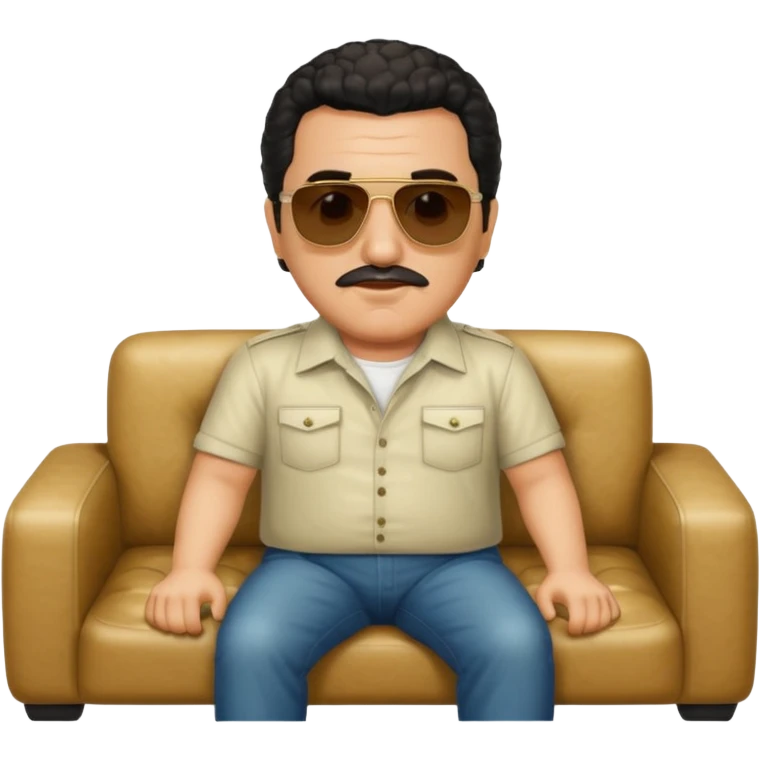 Pablo Escobar sitting on a sofa, with sunglasses, apple style emoji emoji