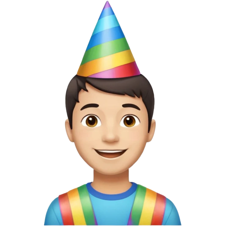 Young man, short hair, rainbow birthday party hat, cheerful expression emoji