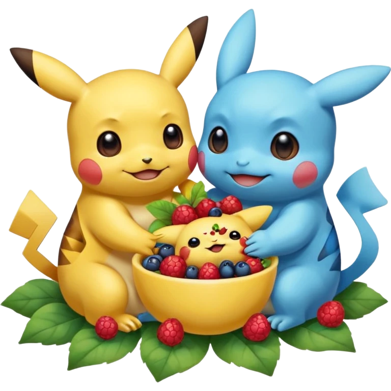 Two Pokémon are playing in a field. Pikachu has many berries, but Squirtle has none. Pikachu sees this is unfair, so he shares the berries with Squirtle. They smile and eat together. Show this as a cute Pokémon emoji scene about justice and fairness. emoji