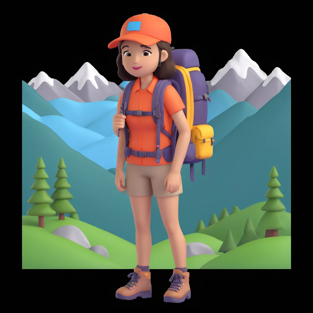 portrait of girl back packing mountains in background, close up pose emoji