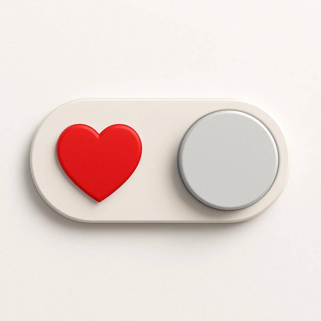 Make the toggle switch button more realistic with a 3D effect and soft shadows. Include a bright red heart on the left and a light gray circle on the right, all on a white background. The design should be modern and realistic, matching the reference photo. emoji