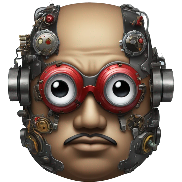 Fat cyborg head with red steampunk goggles, black goatee and circuits emoji