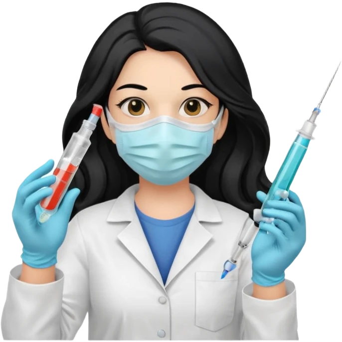 laboratorista con guantes  y mascarilla jeringa tubos  pelo negro largo triguella emoji