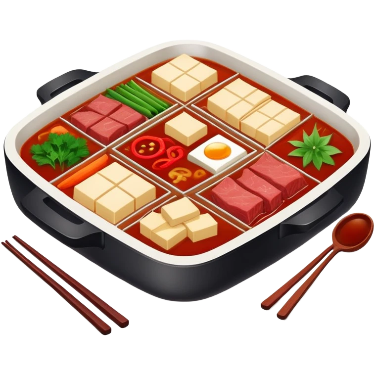 Chongqing Nine-grid Hot Pot with divided sections and spicy red broth, simplified emoji style with bold outlines and bright colors, cartoon style square Jiugongge Huoguo emoji