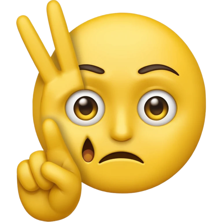 classic yellow emoji face holding up a peace sign with one hand, facial expression mostly sad with a hint of anger in the eyes or eyebrows emoji