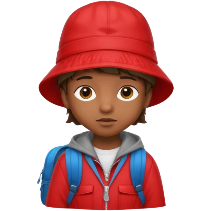 Little student brown wears red bucket hat and jacket, backpack, shy emoji