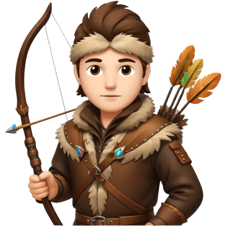The classic hunter figure with a bow and arrow on his back, dressed in brown clothes and adorned with animal decorations emoji