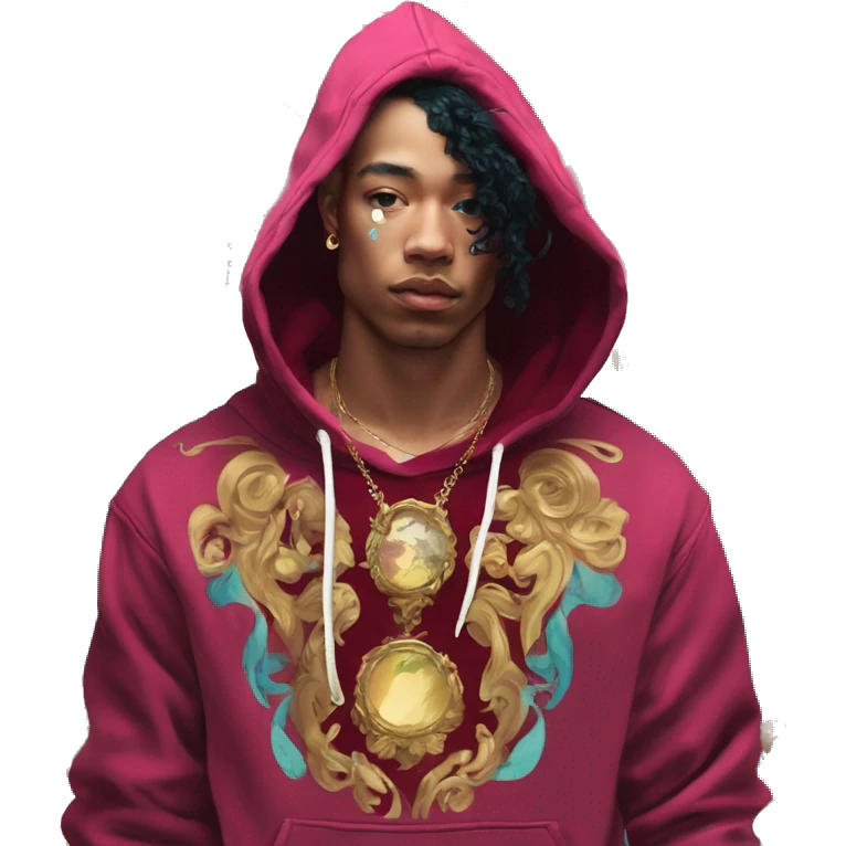 Vintage painting swirls gold jewellery baroque raven wings angel tropical Deep pink maroon burgundy cyan dark hoodie man vitiligo dyed hair gold piercings nose piercing ear piercings emoji