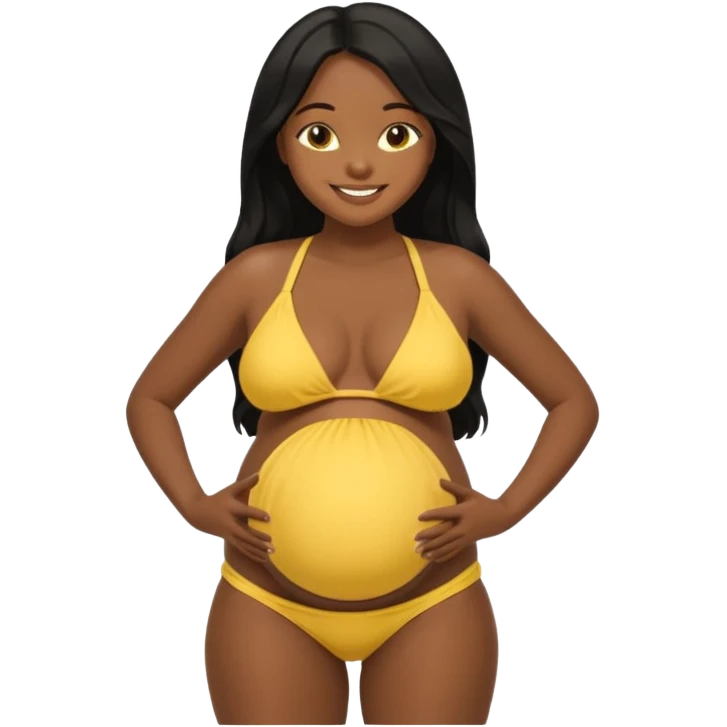 Dark skin, african black girl, long black hair, yellow bikini top, smiling, bare midriff, brown eyes, huge round pregnant belly, yellow bikini bottoms, side view emoji