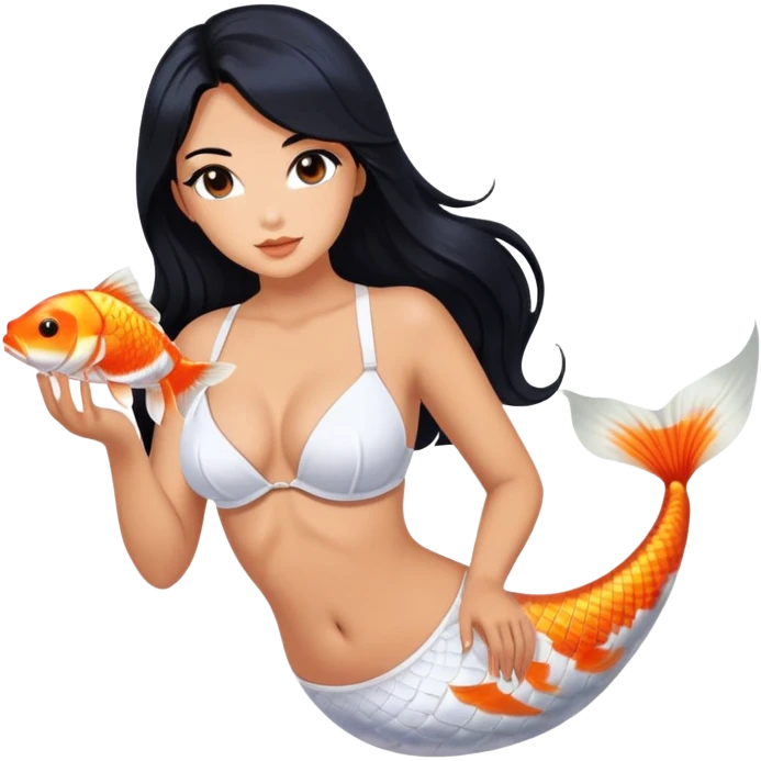 mermaid, long black hair tanned woman, koi fish tail, white shell bra emoji