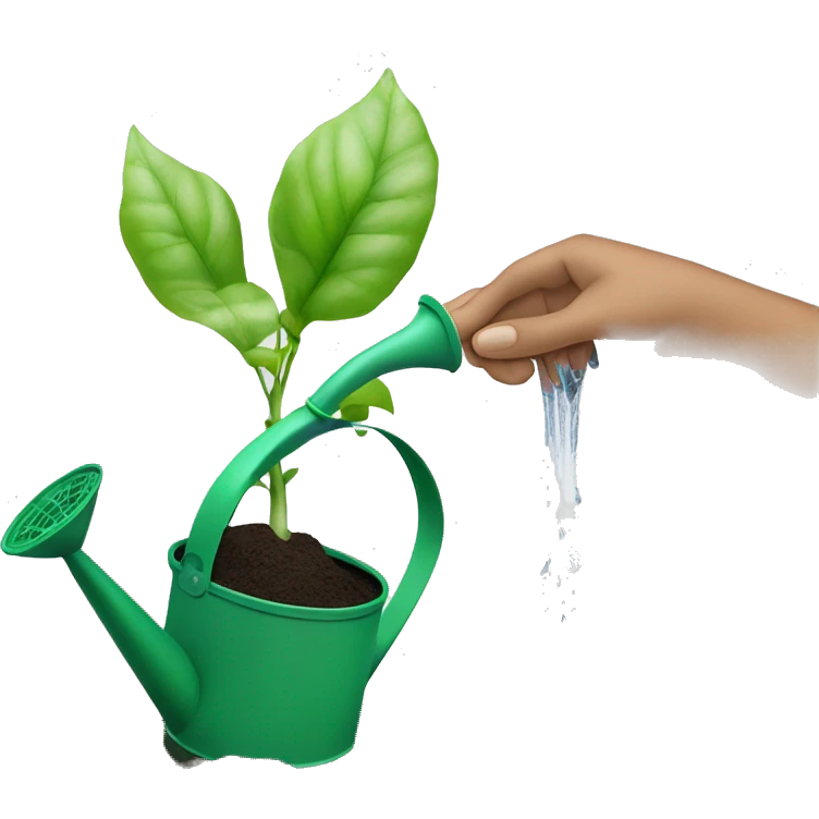 a hand holding a watering can and water falling on the earth ground, with a seed growing thanks to the water emoji