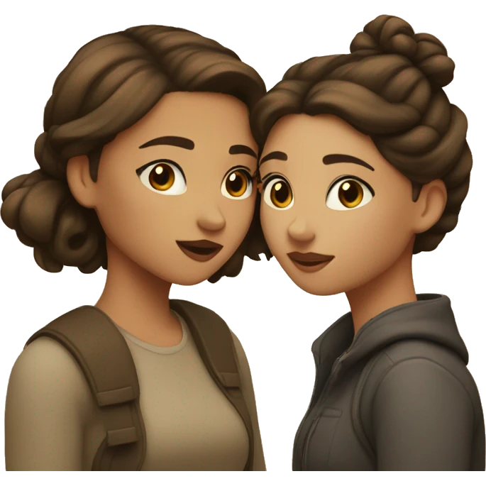 two girls are kissing, one of them has light skin and dark brown hair in a bun, the other has light skin and brown loose hair emoji