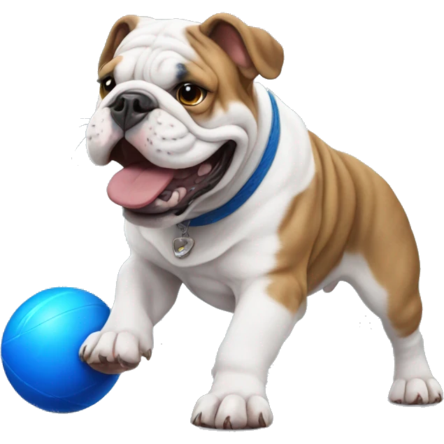 English bulldog playing with blue ball emoji