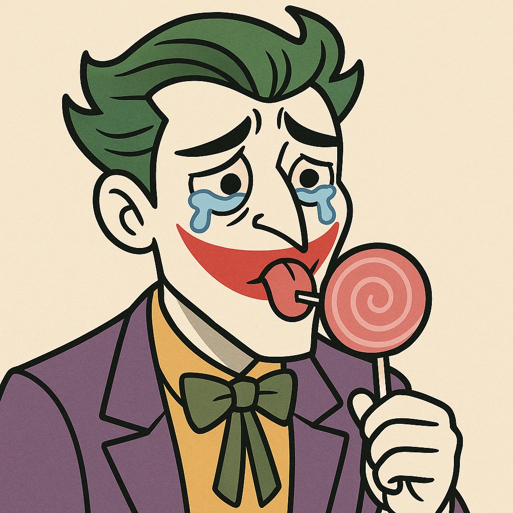 joker, teary-eyed, holding a lollipop in his mouth, playful yet emotional emoji