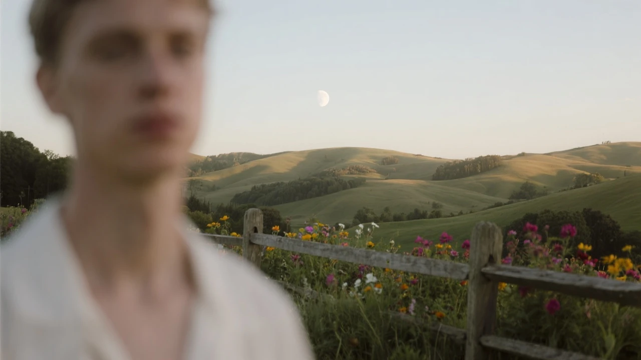 A portrait of a white person in the foreground, blurred plants in the foreground, a wooden fence and colorfull flowers in the midground, rolling hills in the background, cinematic depth of field, layered composition, moon back light emoji