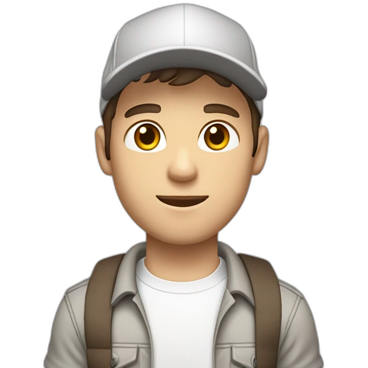 Pale skinned fit Man with dark brown hair in a light gray cap, dark brown jeans, brown polo and white T-shirt keeping a pasted with tape white box into his hands emoji