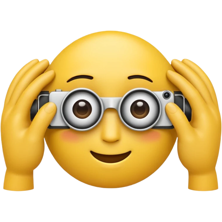 A 3D Apple-style yellow emoji character, classic round shape, using both hands to form a rectangular “camera frame” in front of its face, fingers extended and slightly curved, focused expression with raised eyebrows, cartoonish eyes looking through the frame, clean minimal background emoji