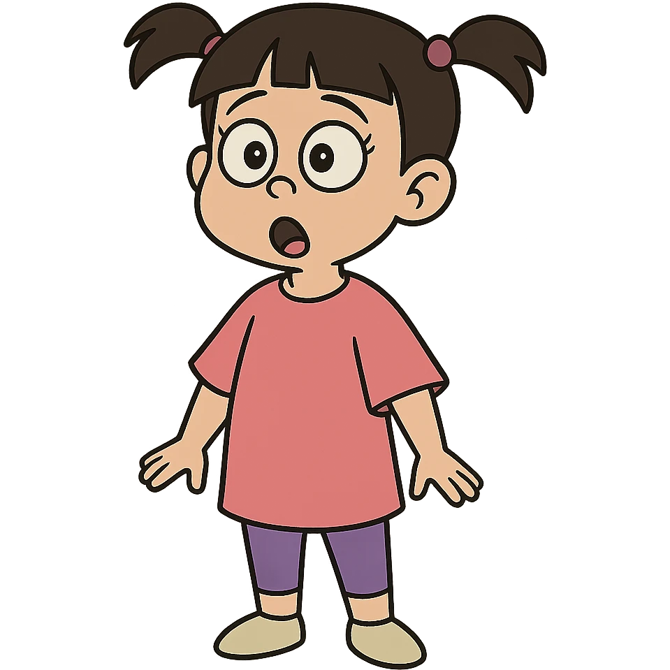 Boo from Monsters Inc, surprised expression, pigtails, pink t-shirt, purple leggings, cartoon style matching confident Mike Wazowski and Sulley emoji