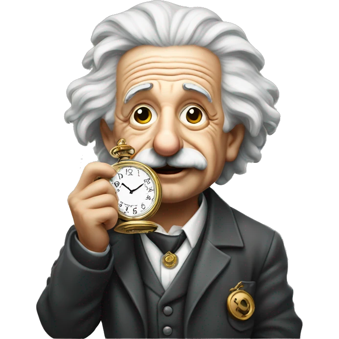 Albert Einstein holding an antique watch on a chain emoji