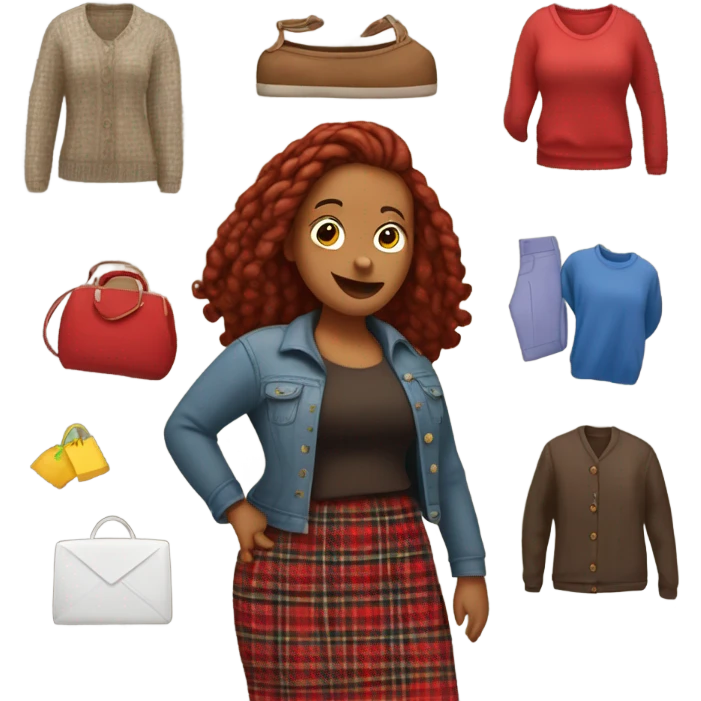 Very curvy woman is brown with red locs in a skirt with plaid sweater shopping at yard sale emoji