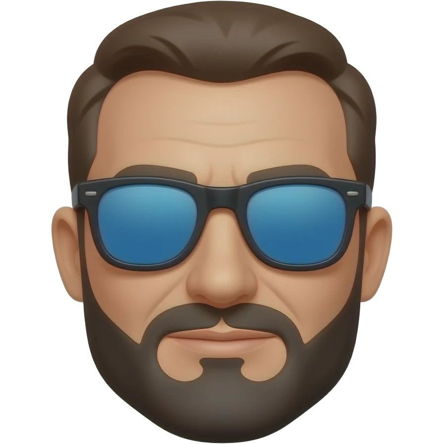 Hombre 63 años pelo muy corto marrón con canas gafas de sol cristales azules azules que no se vean  los ojos con montura negra y barba negra con canasmuy muy corta emoji