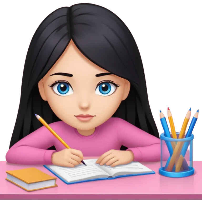 Girl with long black hair, blue sharp eyes, eyelashes, studying on a pink desk emoji