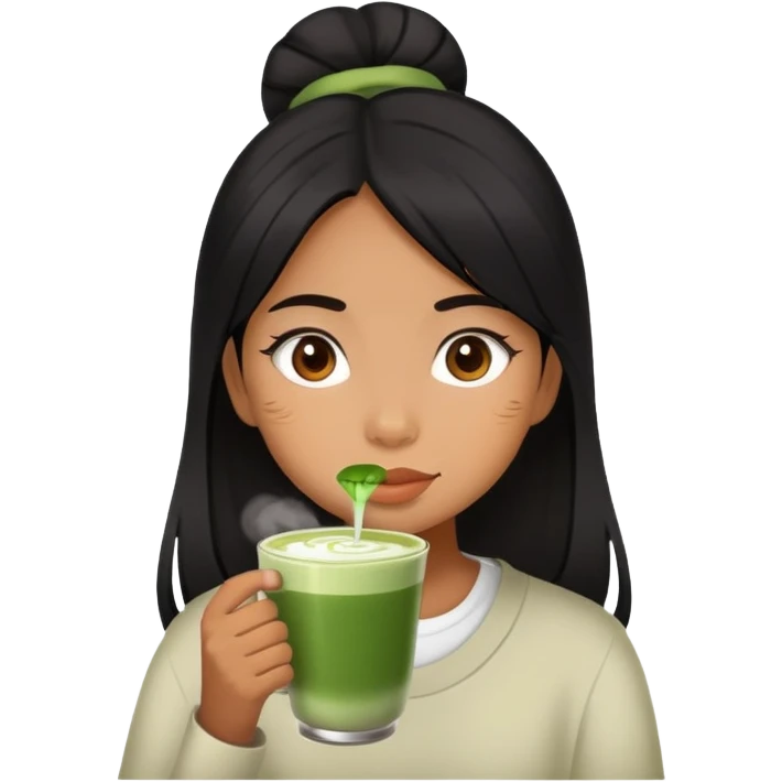 Filipino girl (brown skin, black hair) drinking matcha latte emoji