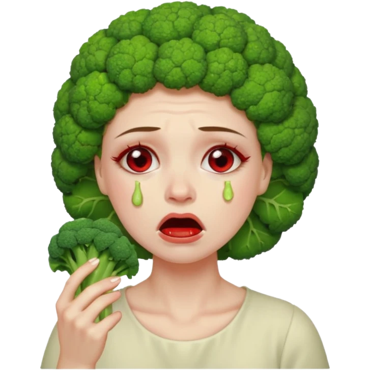 Woman crying eating broccoli emoji
