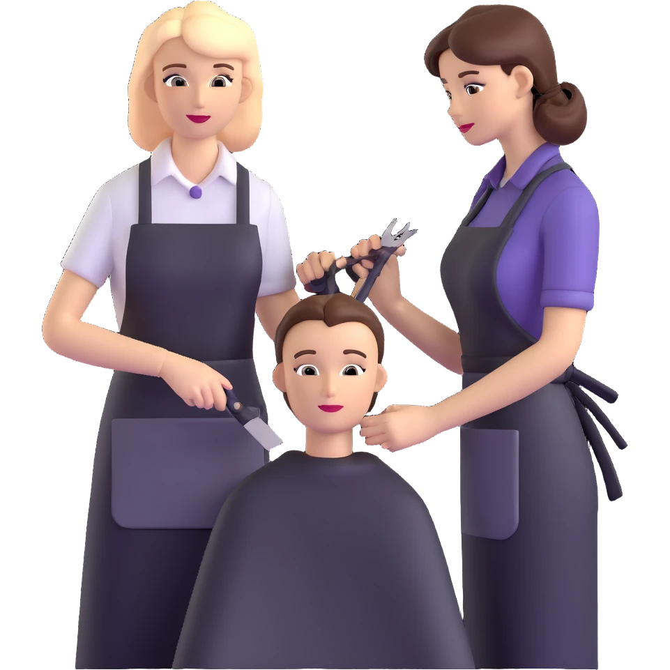 professional hairdresser in salon apron instructing student with mannequin emoji