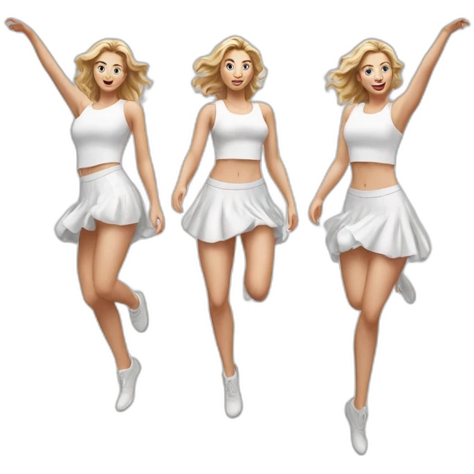 Hyperrealistic Full body Caucasian curvy beauty jumping short white skirt back and front views strong wind emoji