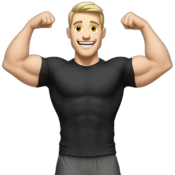 Joyful Celebrating victory Pale skinned Fit Man With the biceps and dark brown hair in black shirt, gray sports shorts and white Sneakers emoji