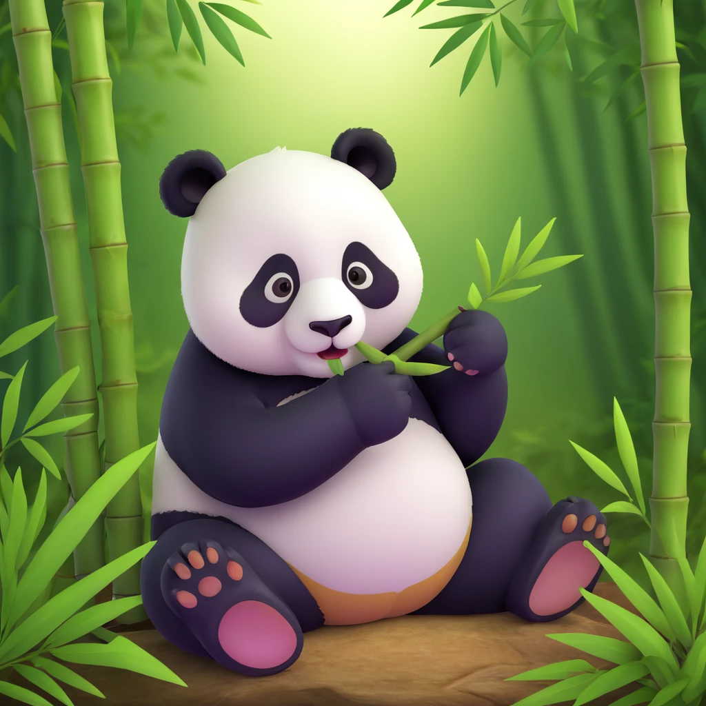 panda eating bamboo in forrest background, close up pose emoji