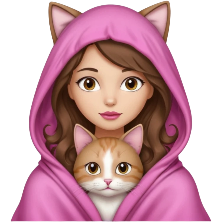 girl with long wavy brown hair, brown eyes, long lashes makeup, sexy pink lips, light to medium complexion, wearing a pink sexy silk top, big blanket over the head cozy holding a cat, no cat earn on the hood emoji