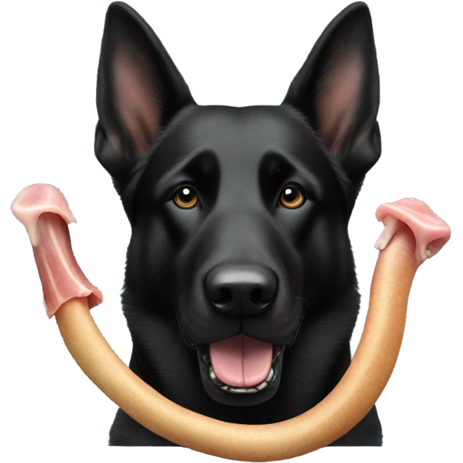 Black German Shepard eating a pig ear emoji
