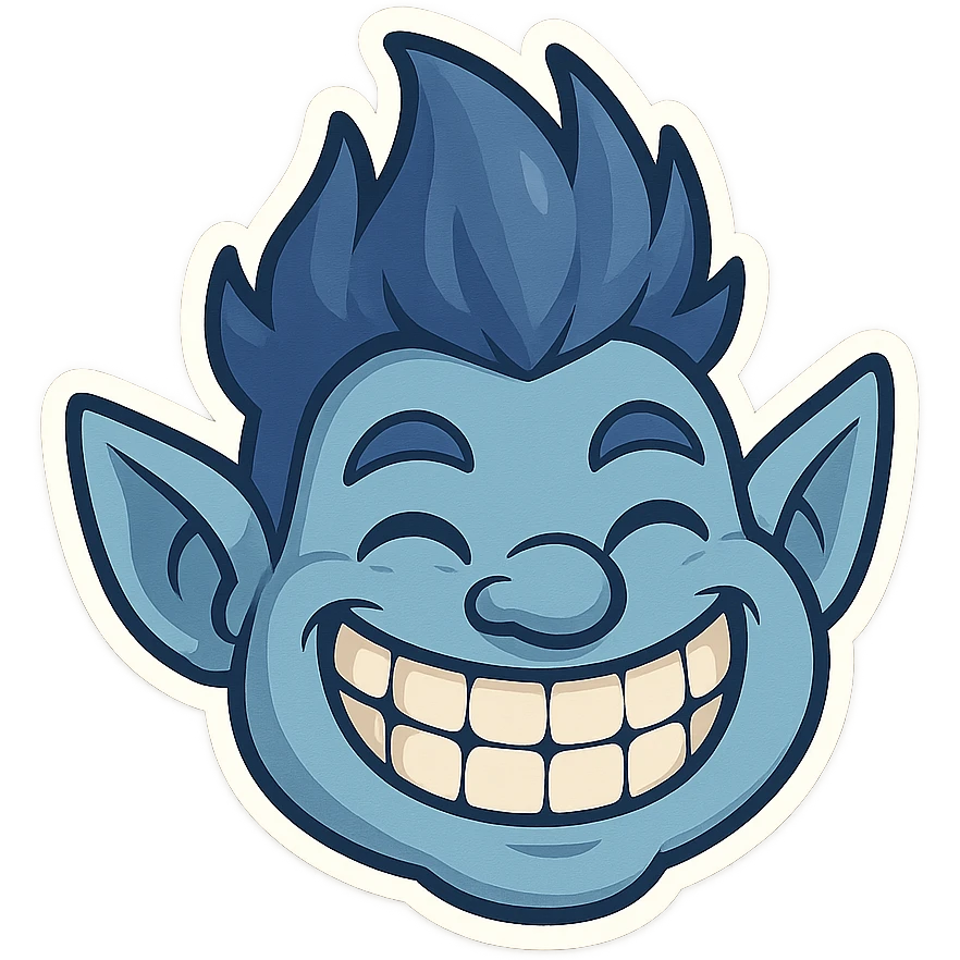 blue troll face, cartoon style, exaggerated grin emoji