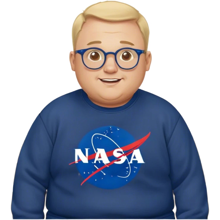 happy chubby man, bench Press,  blond short and hight receding hairline, wearing a dark blue sweatshirt, nasa logo on the sweatshirt, round glasses without frame, 40 years old emoji