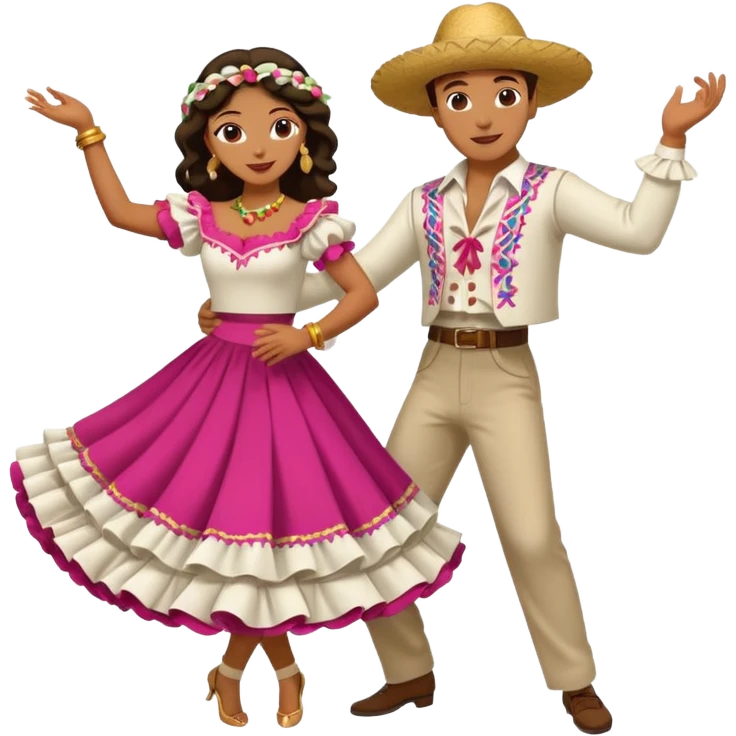 Una mujer y un hombre bailando merengue vestidos con traje típico dominicano  emoji