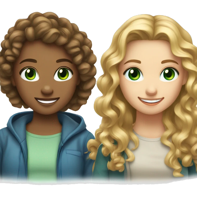 two girl hanging out, one with curly blonde hair and blue eyes and the other one with long brown hair and green eyes, both smiling emoji
