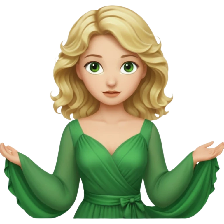 Queen, blonde wavy hair, green eyes, long green dress emoji