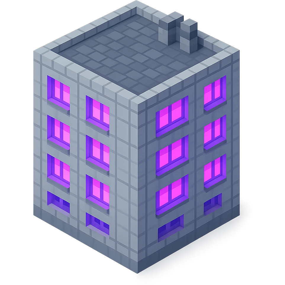 Russian panel apartment building, square block shape, light gray concrete, windows glowing with ultraviolet color, isometric view emoji