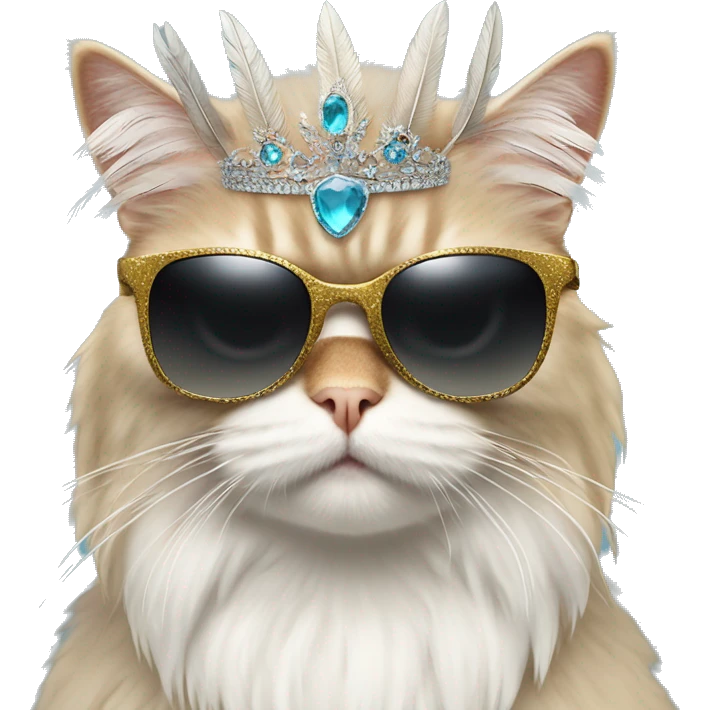 Persian cat wearing sunglasses and a tiara riding a velociraptor with feathers emoji