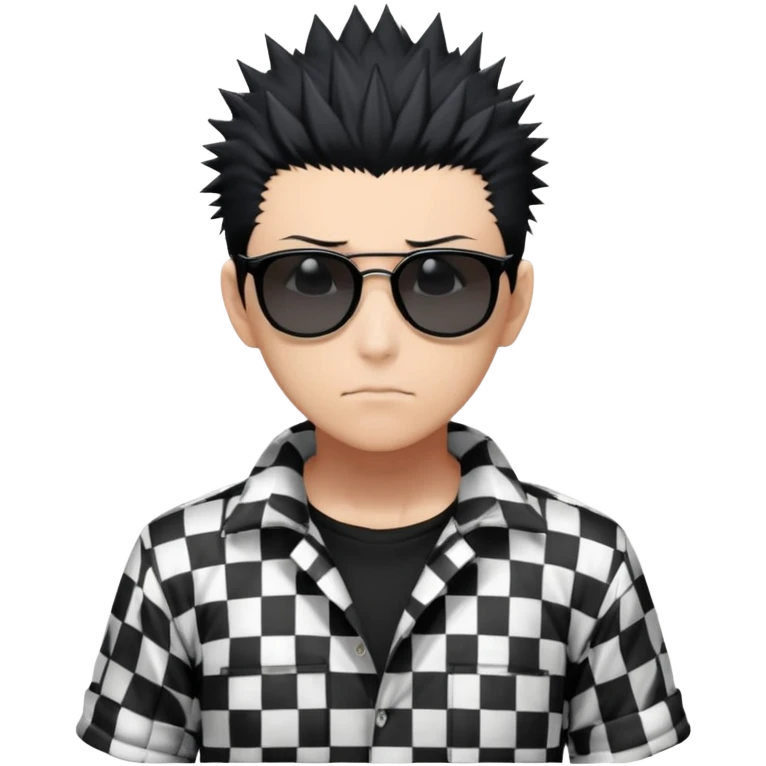 Satoru Gojo from Jujutsu Kaisen with spiky black hair, wearing black and white checkered shirt with rolled-up sleeves, black pants, confident expression, sunglasses on top of head, one hand in pocket emoji