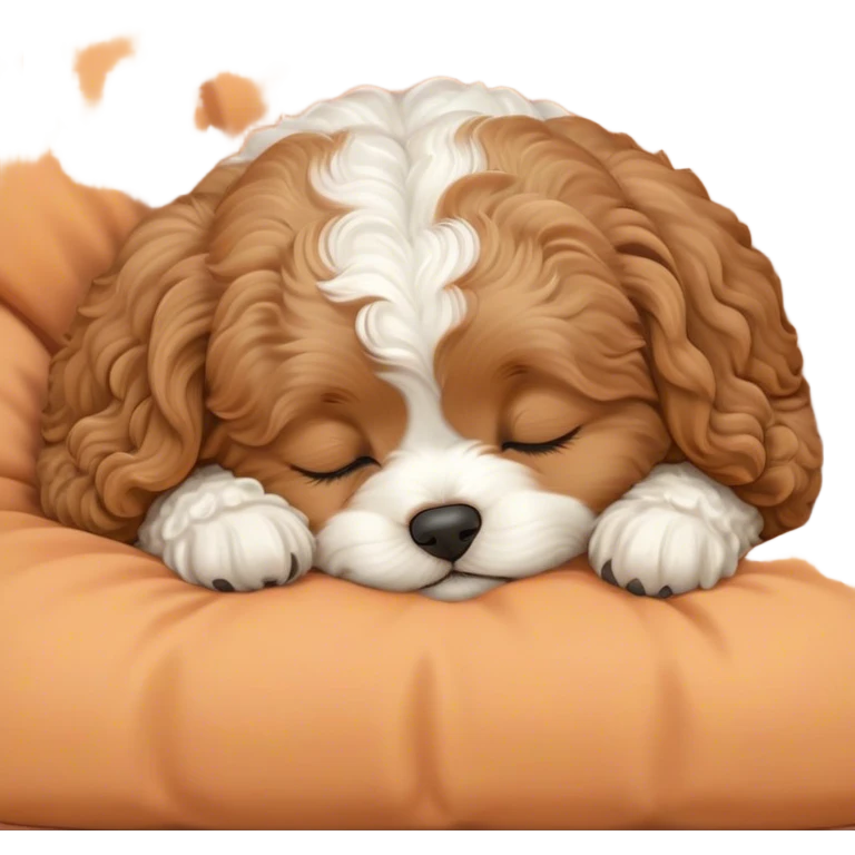 Cinematic Meme-Worthy cute Sleeping Cavoodle Portrait Emoji, Head resting peacefully with a contented smile, showcasing a delightfully cute build and a luxuriously soft, curly apricot coat with gentle white accents, eyes shut in a serene nap, Simplified yet hilariously adorable features, highly detailed, glowing with a soft, drowsy light, high shine, relaxed and utterly lovable, stylized with an air of playful laziness, bright and heartwarming, soft glowing outline, capturing the essence of a comically sleepy Cavoodle, so meme-worthy it feels like it could instantly become the next viral sensation of adorable slumber! emoji