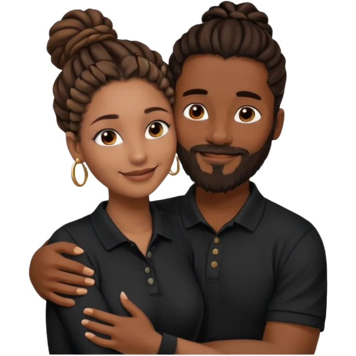 Couple emoji: smiling woman with brown skin, nose ring, makeup, hugging man with dark skin, beard, dreadlocks in a bun, wearing black polo. Warm, loving vibe. emoji