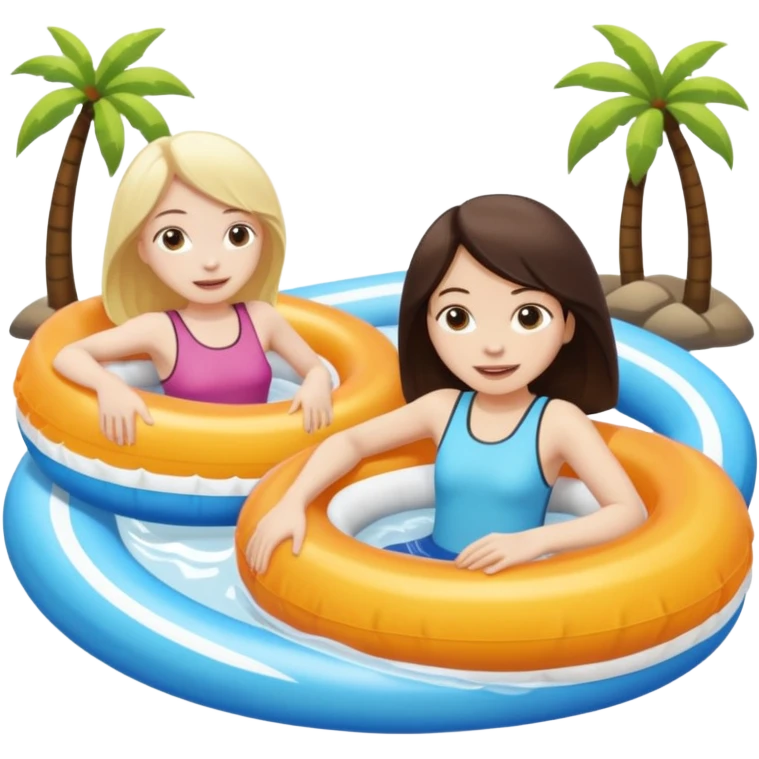 dark brown haired girl pale skin and blonde haired girl on the lazy river water slide 2 different circle floaties  emoji